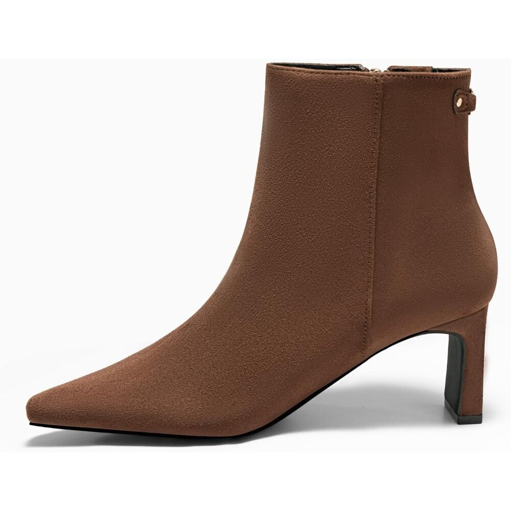 Women's Coffee Ankle Boots Chunky Heel Closed Toe Booties Side Zipper Win - Picture 4 of 5